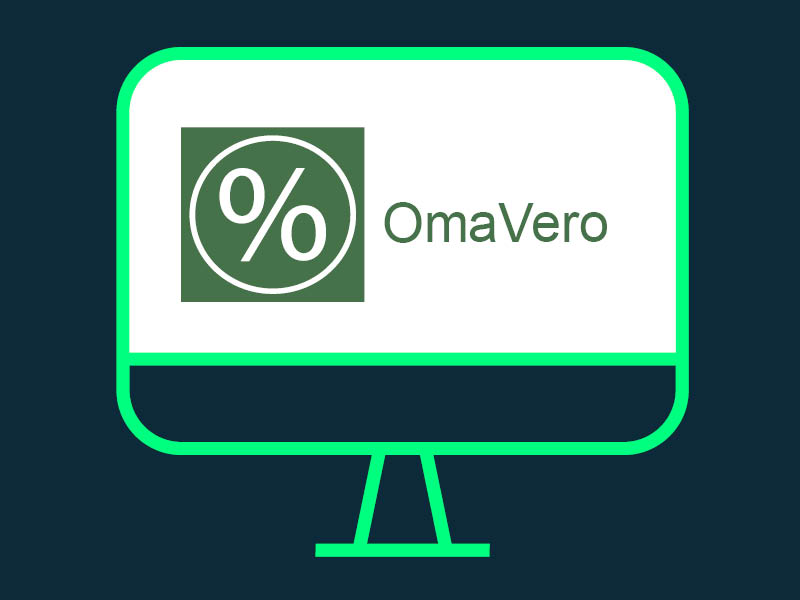 Kuvituskuva: Tietokonesymboli, jonka sisällä prosenttisymboli neliön ja ympyrän muodostamalla pohjalla. Vieressä teksti OmaVero.
